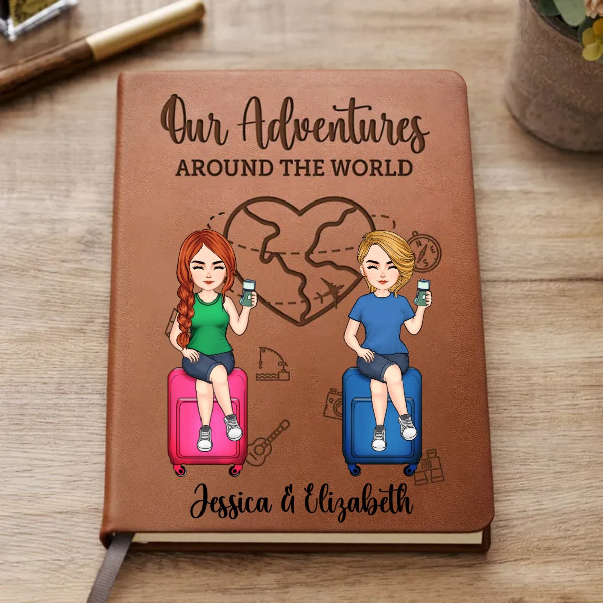 Friends - Our Adventures Around The World - Personalized Leather Journal - Makezbright Gifts