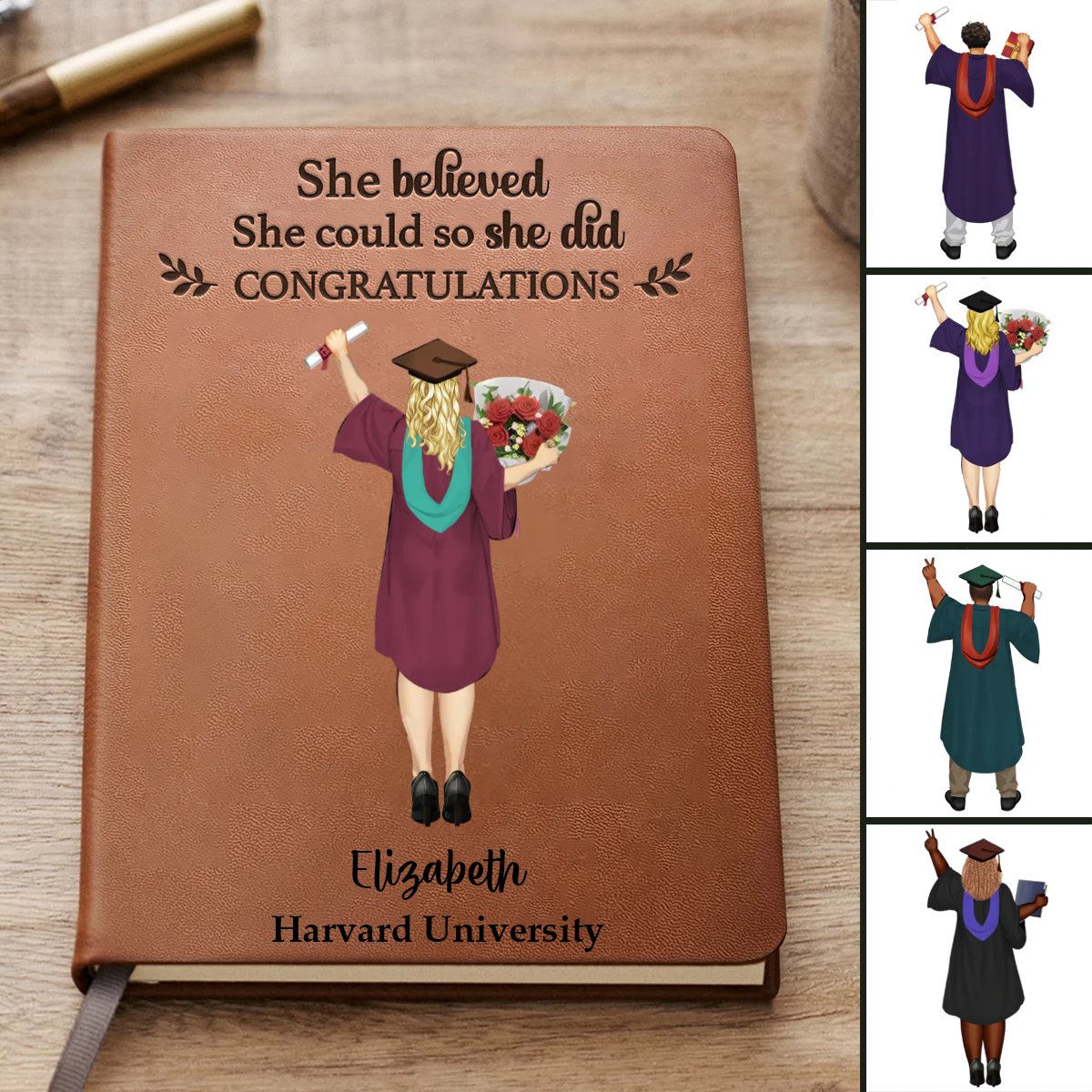 Graduation - She Believed She Could So She Did - Personalized Leather Journal - Makezbright Gifts