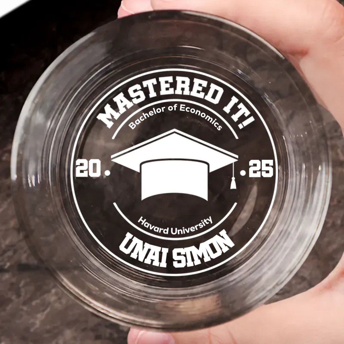 Graduation - Skip to product information Graduation Gift Mastered It - Personalized Engraved Whiskey Glass - Makezbright Gifts