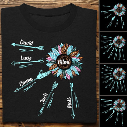 Grandkids - Grandma & Kid's Name Arrow Sunflower - Personalized T - shirt - Makezbright Gifts