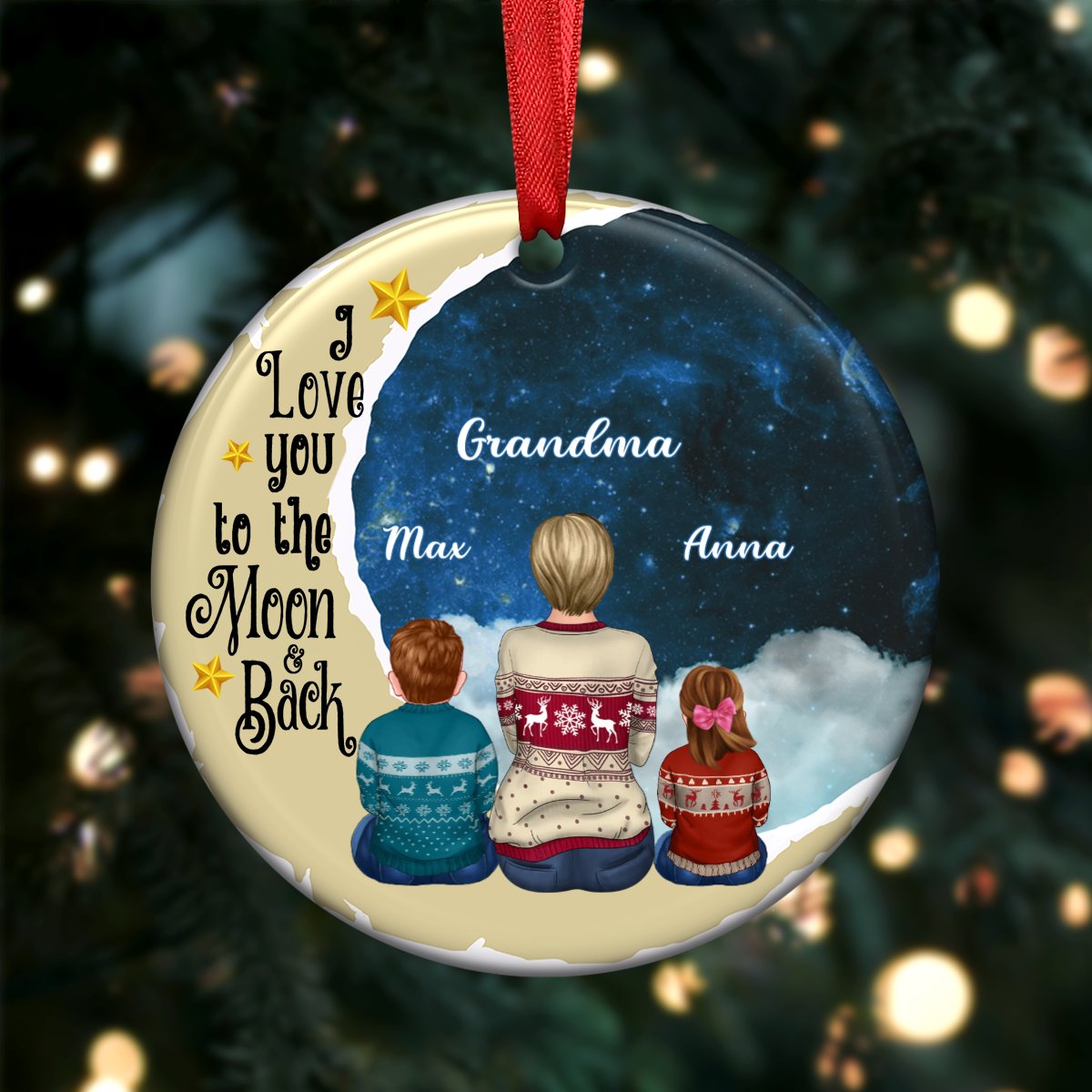 Grandma Grandkids - I love you to the moon and back - Personalized Circle Ornament (QA) - Makezbright Gifts