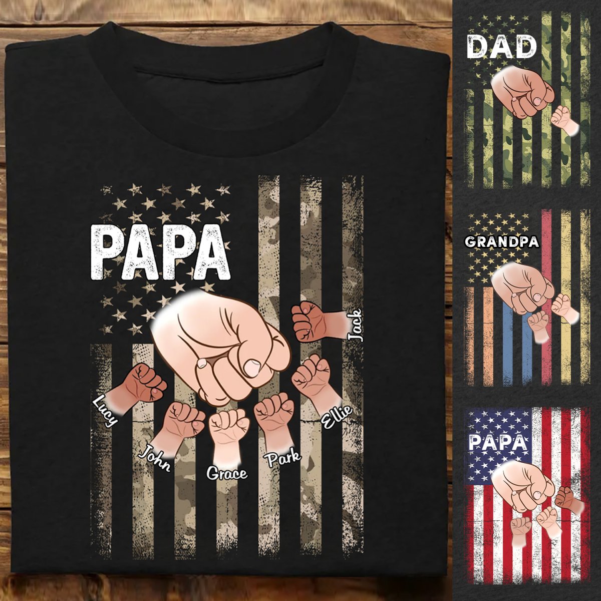 Grandpa / Dad - Papa Grandkids Hands Flag - Personalized T - shirt - Makezbright Gifts