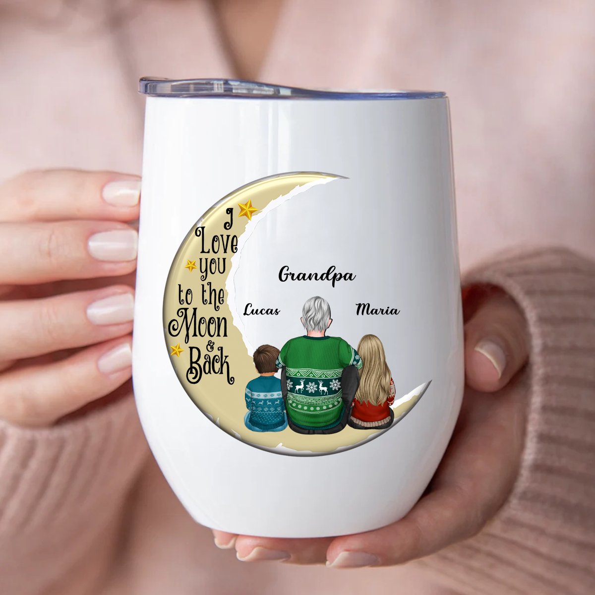 Grandpa - Grandpa Grandkids On Moon - Personalized Wine Tumbler - Makezbright Gifts