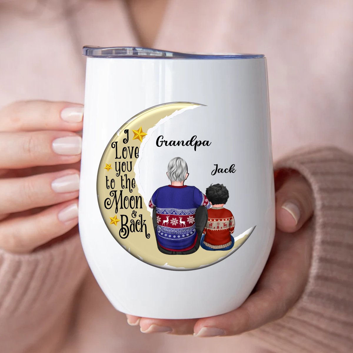 Grandpa - Grandpa Grandkids On Moon - Personalized Wine Tumbler - Makezbright Gifts