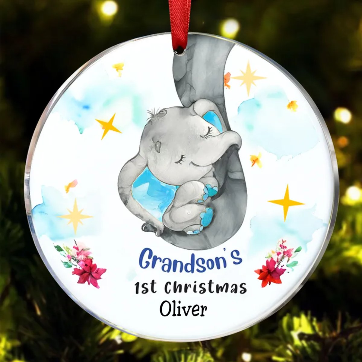 Grandson Granddaughter - Elephant Baby First Christmas - Personalized Circle Ornament - Makezbright Gifts