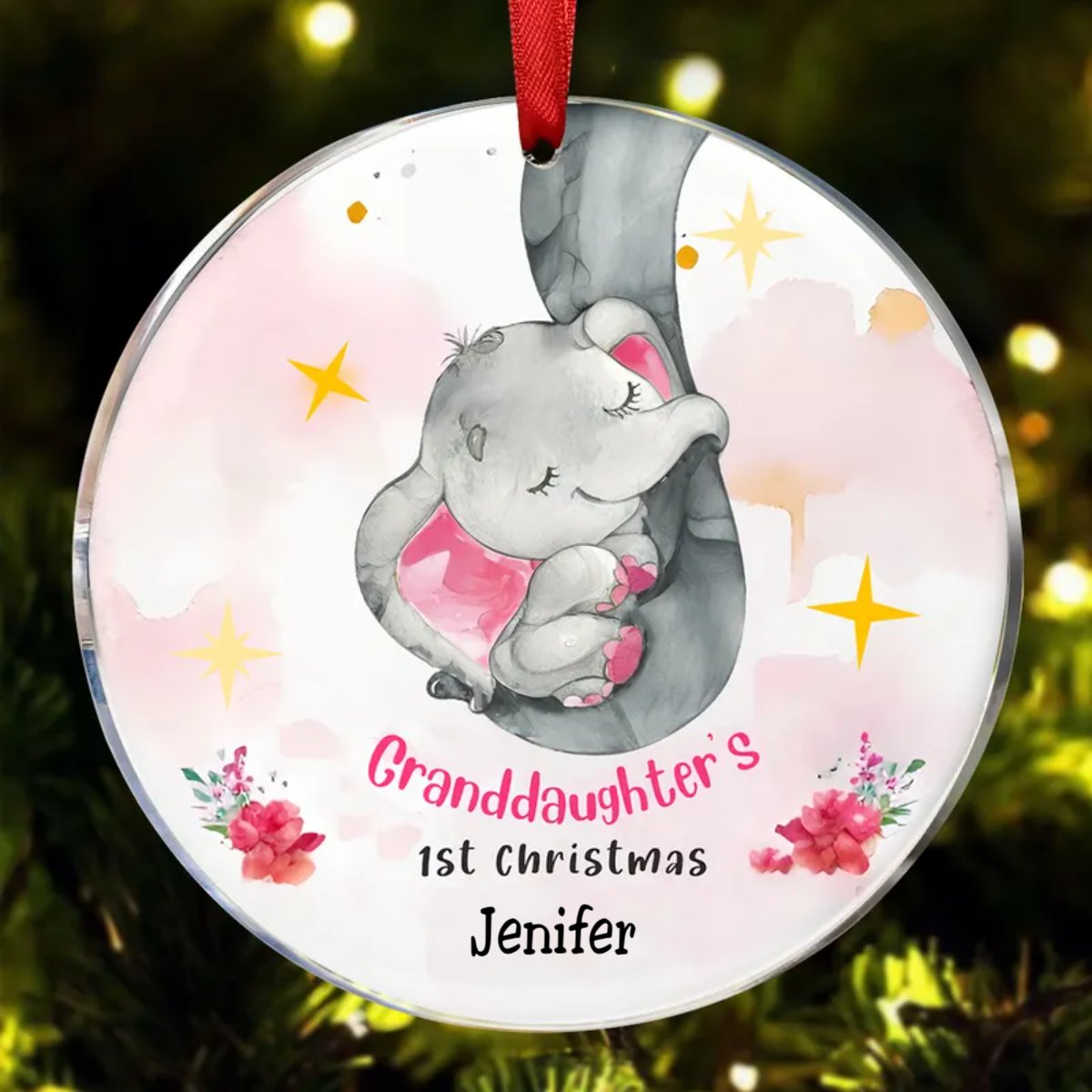 Grandson Granddaughter - Elephant Baby First Christmas - Personalized Circle Ornament - Makezbright Gifts