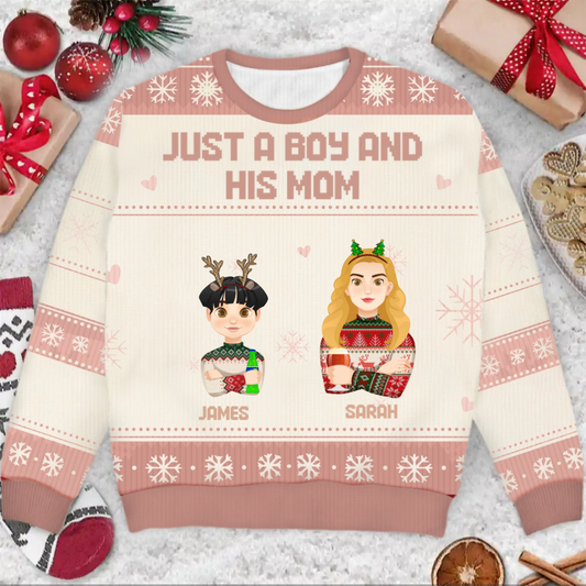 Christmas Just A Mom And Her Boy - Personalized Unisex Ugly Sweater