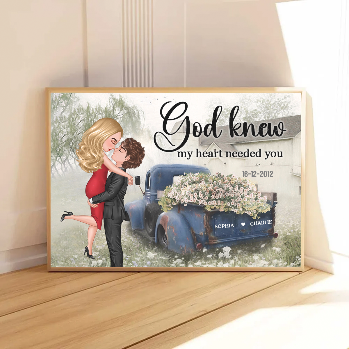 Red Vintage Truck Farmhouse Couple Hugging Kissing Personalized Poster, Anniversary Valentine's Day Gift For Him, For Her