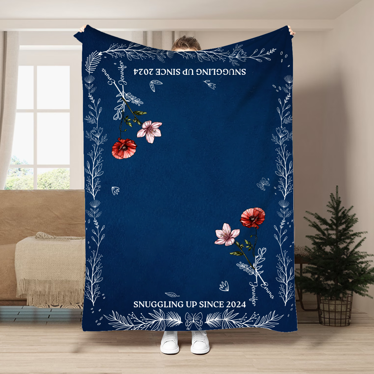 Birth Flower Snuggling Up - Personalized Fleece Blanket, Sherpa Blanket