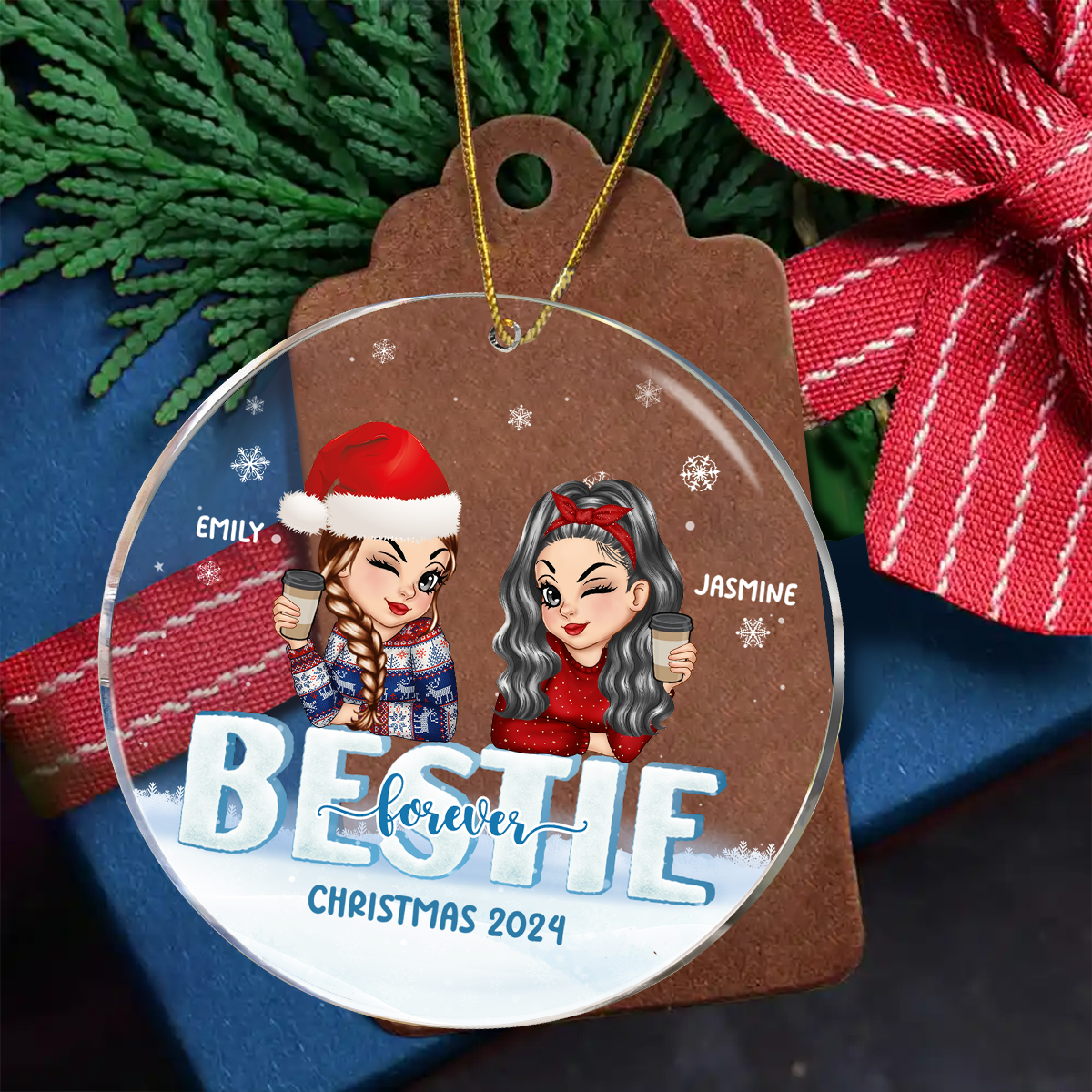 Besties Forever Christmas Sisters - Personalized Circle Acrylic Ornament