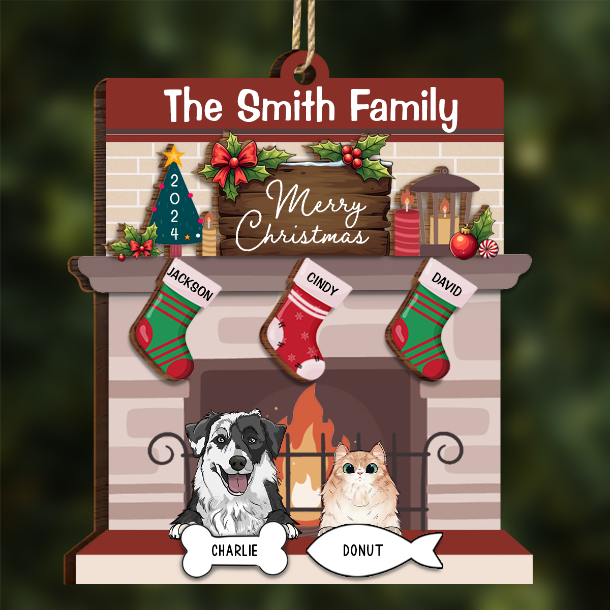 Family Fire Place Stocking Christmas - Personalized Wooden Ornament