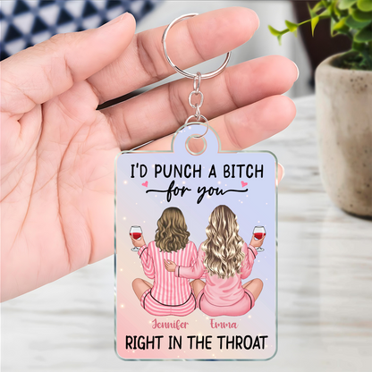 I'd Punch A Bitch For You Back View Pink Pajamas Besties Personalized Acrylic Keychain, Funny Gift For Best Friends, BFF