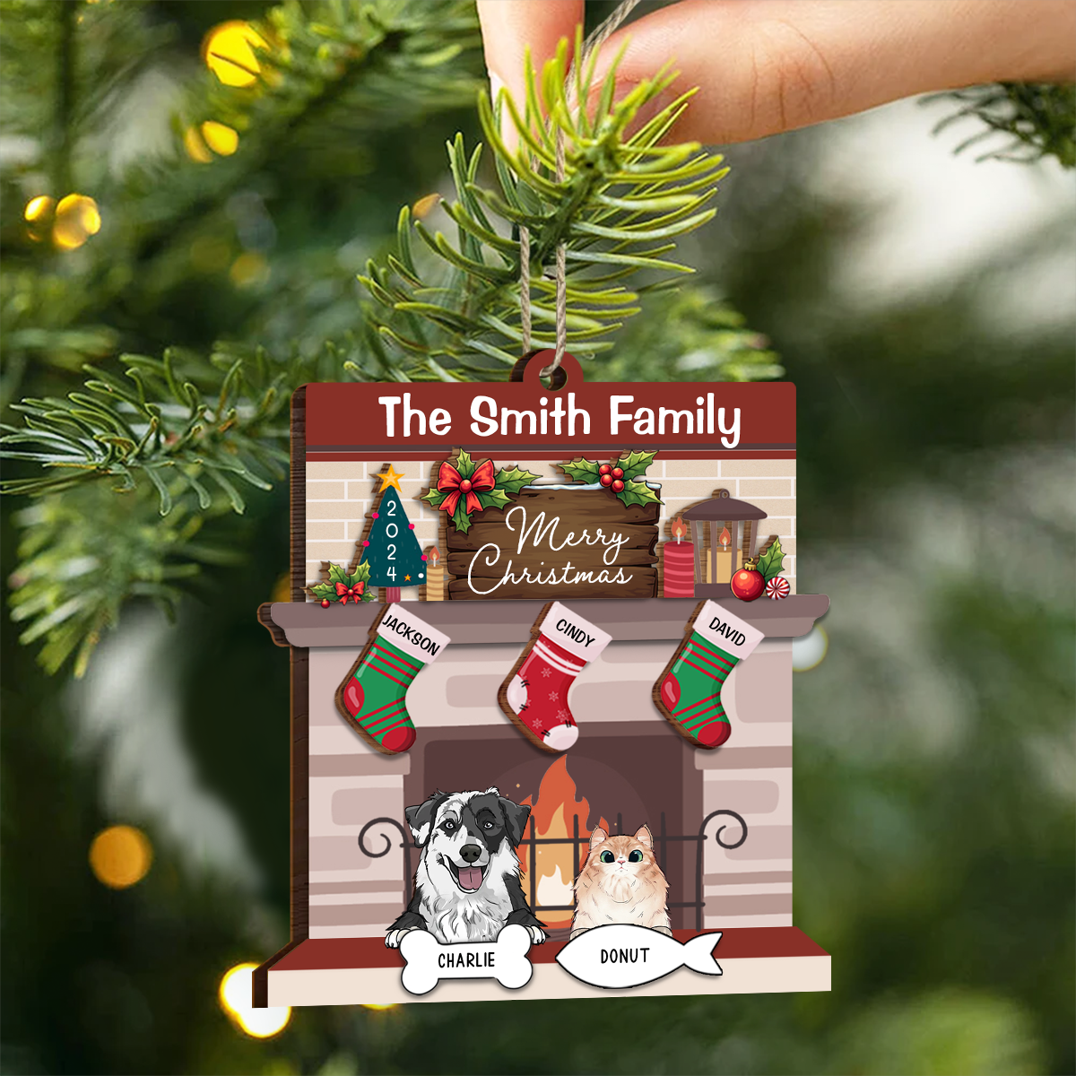 Family Fire Place Stocking Christmas - Personalized Wooden Ornament