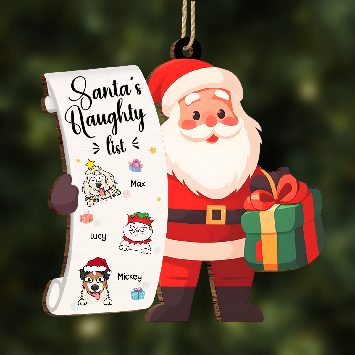 Santa's Naughty List Funny Christmas Cartoon Dogs Cats - Personalized Custom Shaped Wooden Ornament