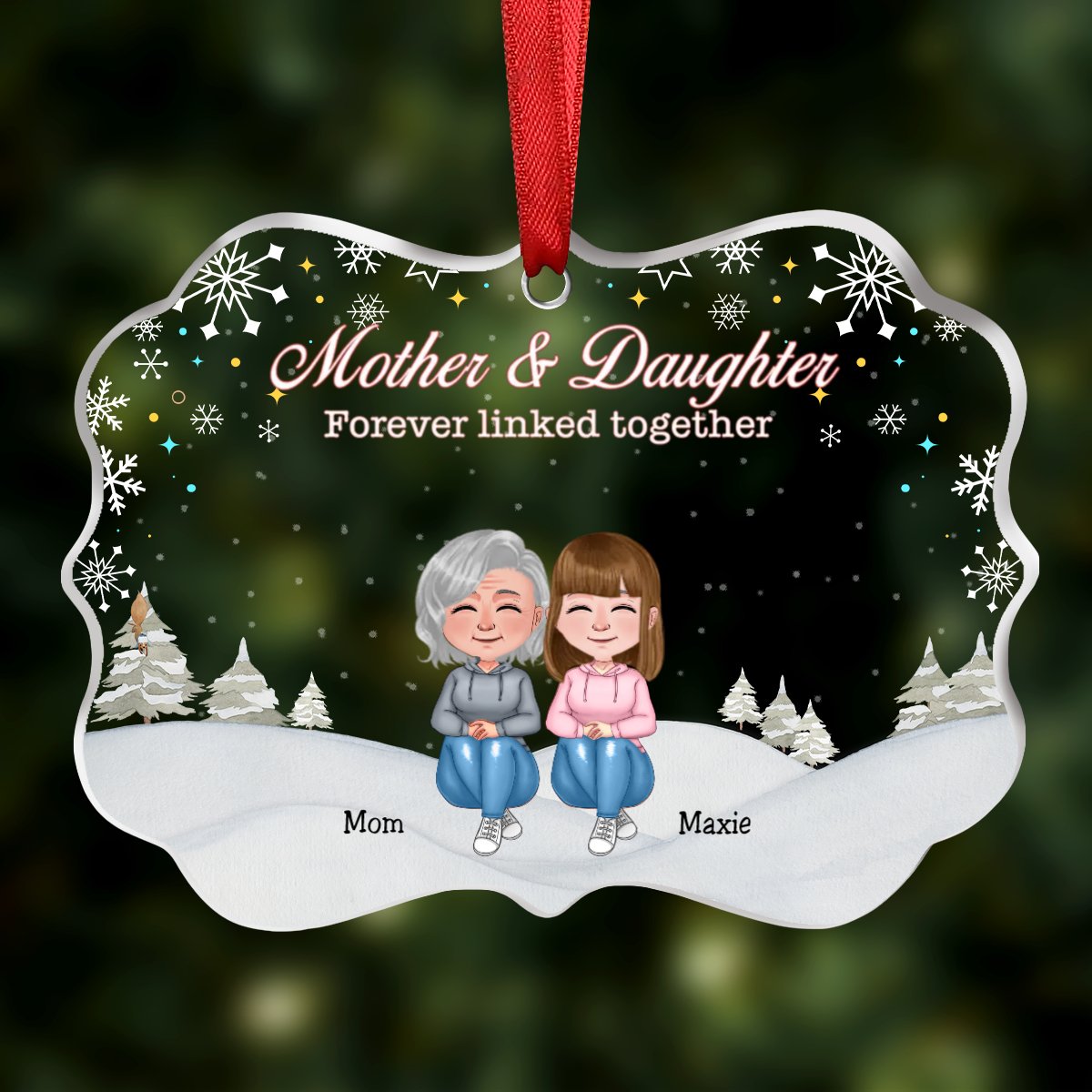 Mother & Daughter - Mother & Daughter Forever Linked Together - Personalized Transparent Ornament (Ver 2) - Makezbright Gifts