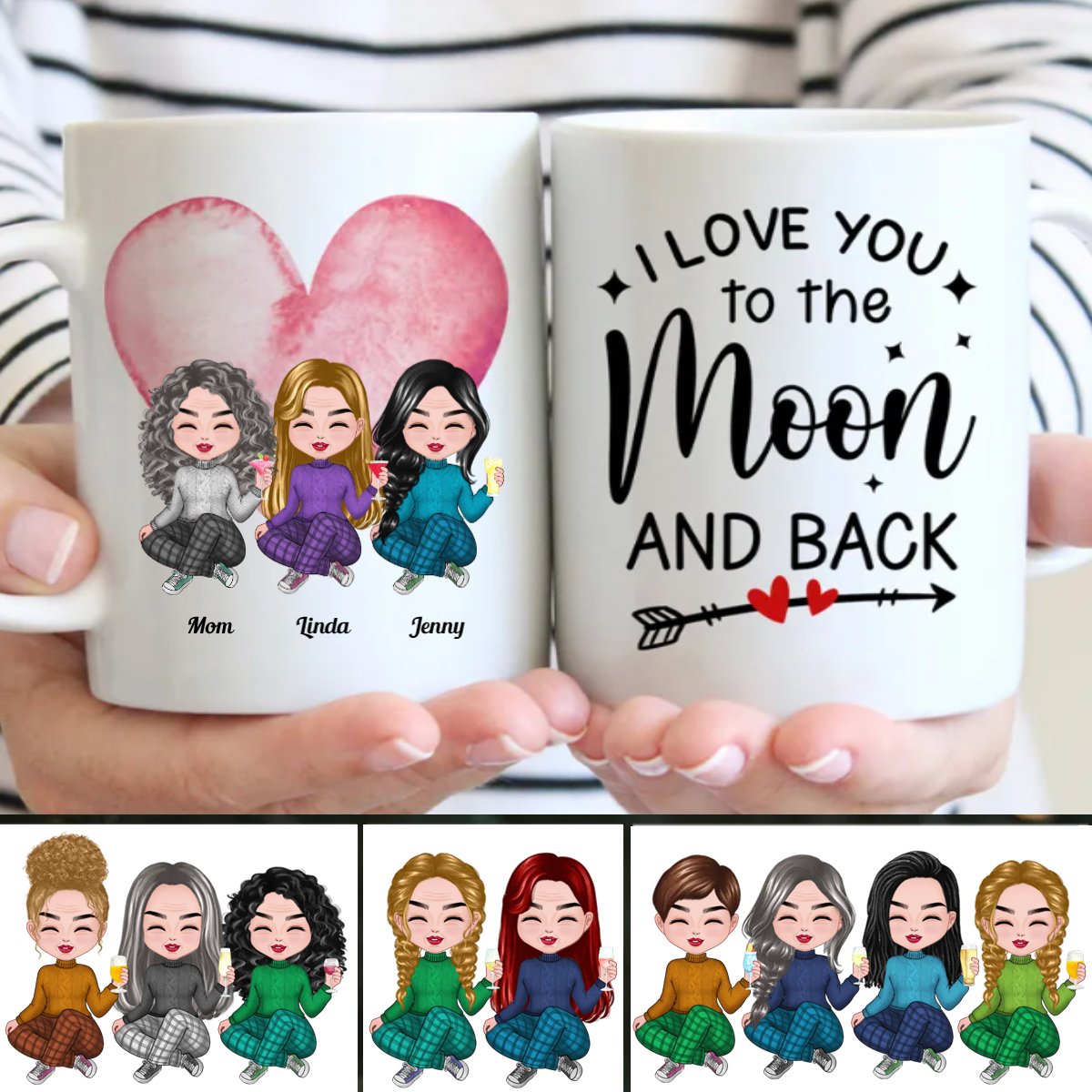 Mother & Daughters - I Love You To The Moon And Back - Personalized Mug - Makezbright Gifts