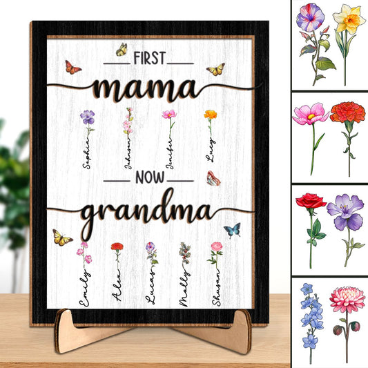 Mother - First Mom Now Grandma - Personalized 2 - Layered Wooden Plaque With Stand - Makezbright Gifts