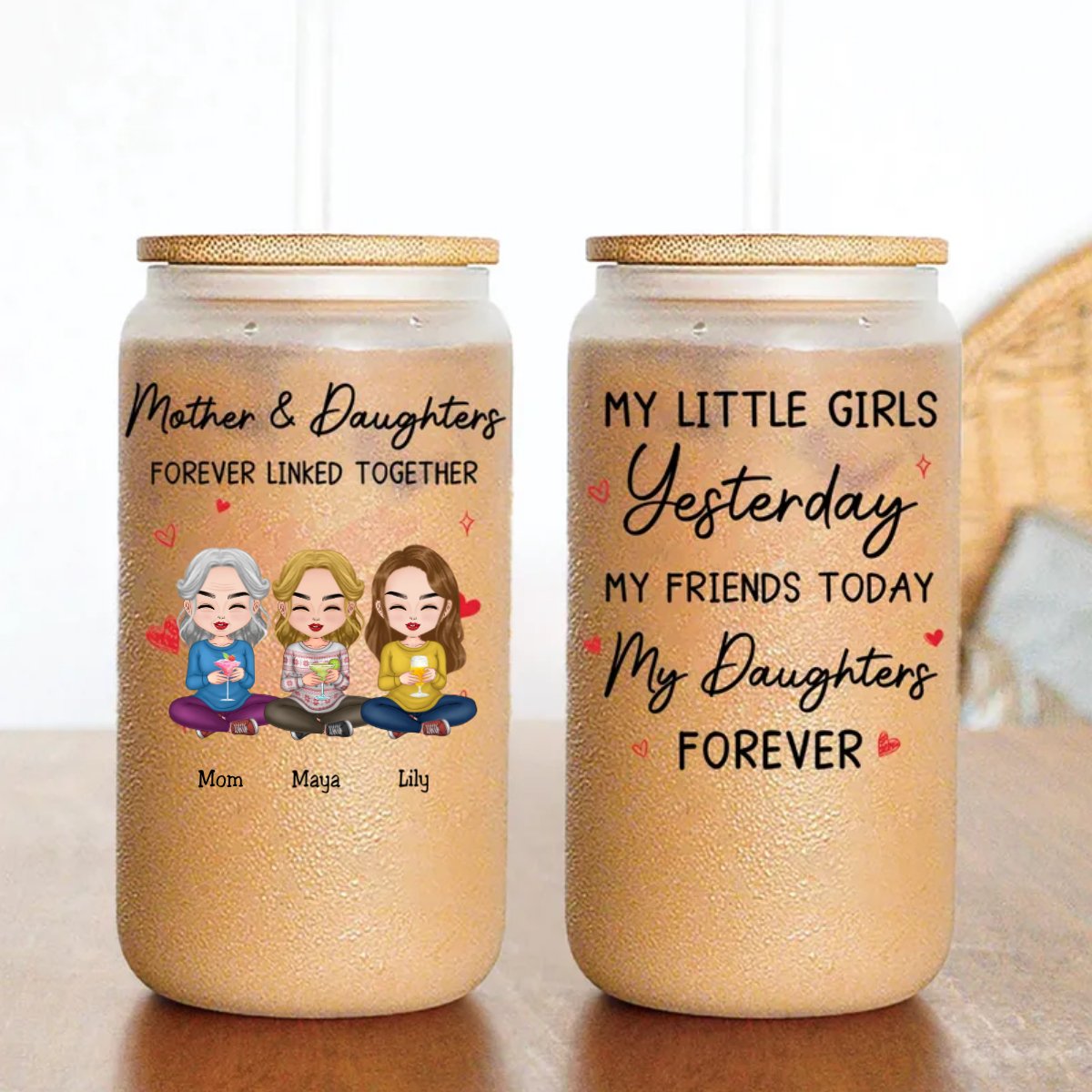 Mother - Mother And Daughters Forever Linked Together - Personalized Glass Can - Makezbright Gifts