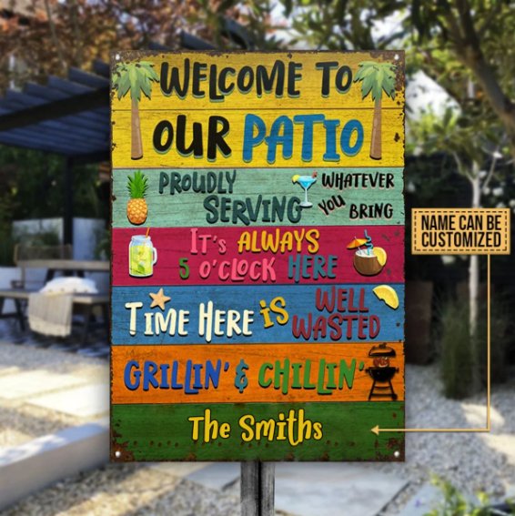 Personalized Patio Welcome Grilling Chilling Custom Classic Metal Signs - Makezbright Gifts