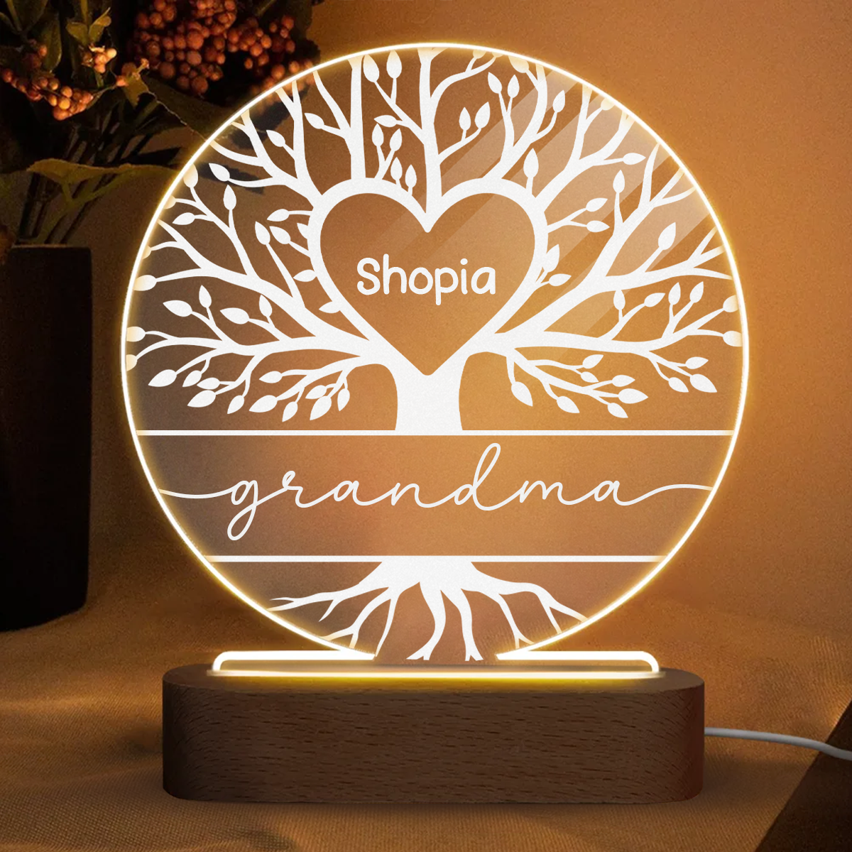 Grandma Family Tree Name Personalized Circle Acrylic Plaque With LED Night Light - Gift for Grandma, Nana, Mom