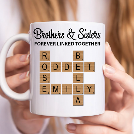 Brothers & Sisters Forever Linked Together Crossword Puzzle Art Personalized Mug, Gift For Brothers, Sisters, Siblings, Family