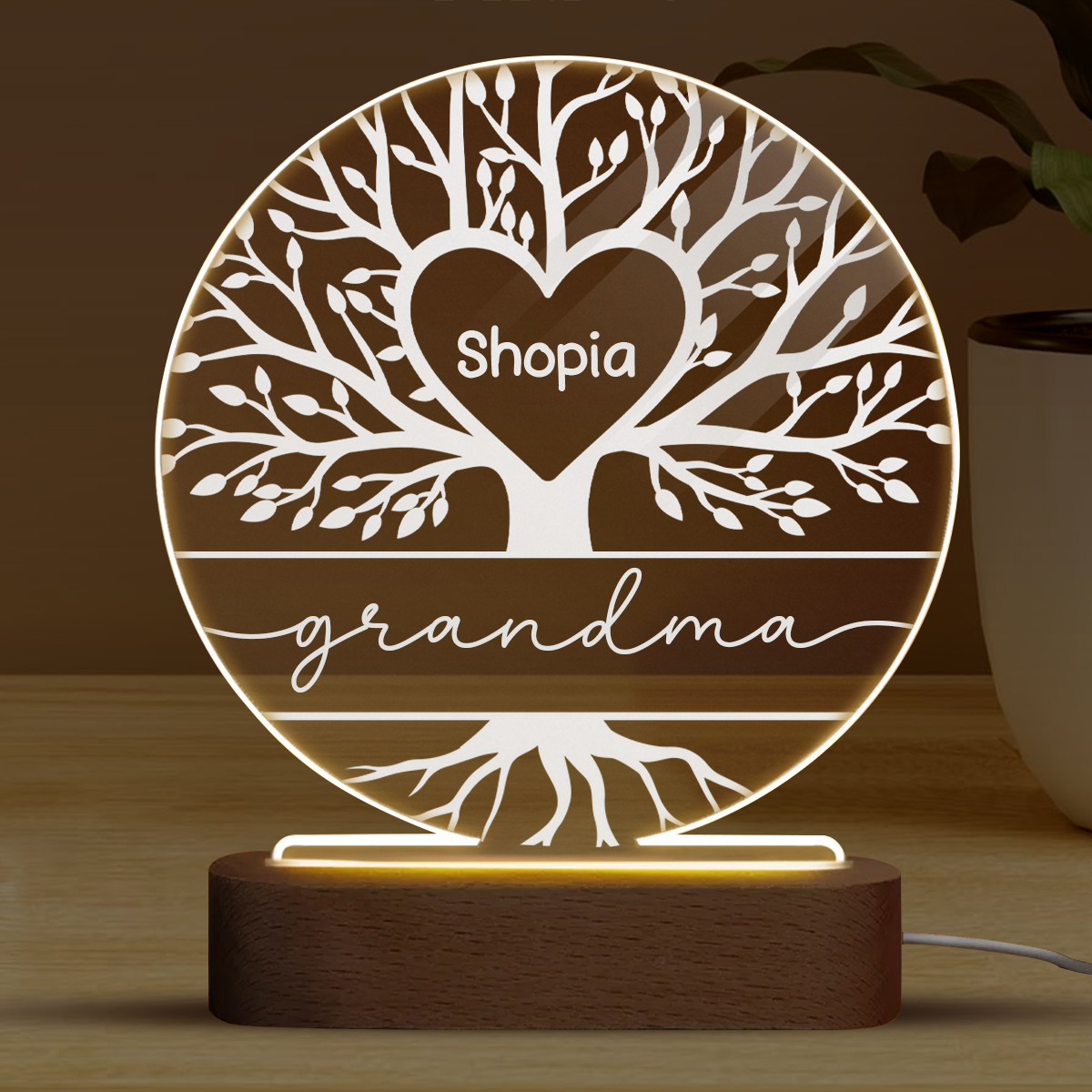 Grandma Family Tree Name Personalized Circle Acrylic Plaque With LED Night Light - Gift for Grandma, Nana, Mom