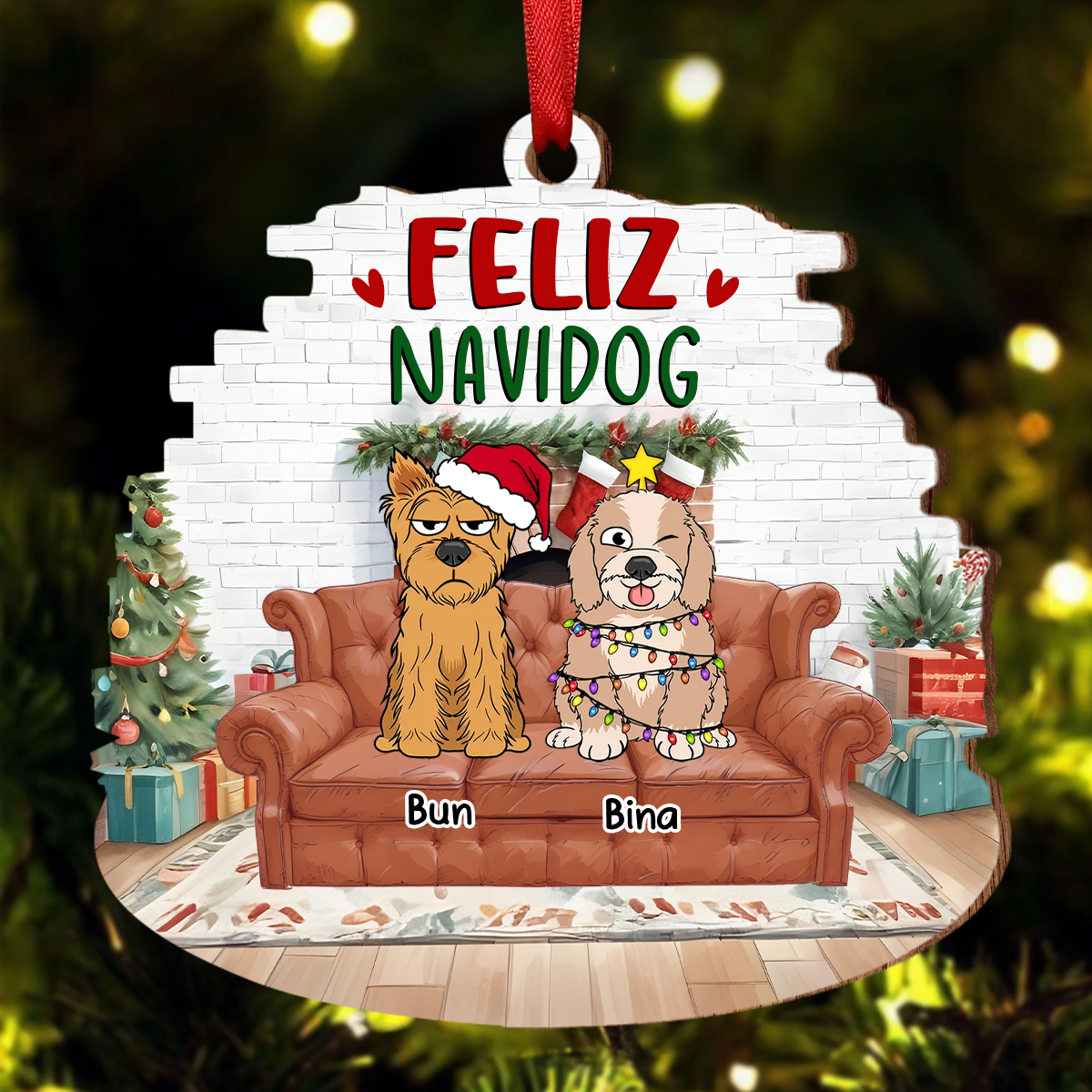 Feliz Navidog Dog Christmas - Personalized Custom Shaped Wooden Ornament