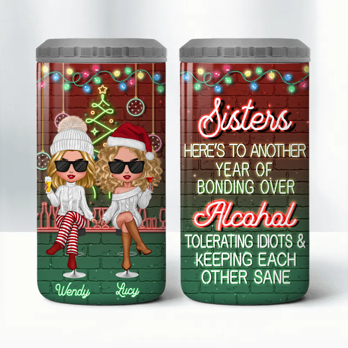 Christmas Drinking Partners Besties Sisters Personalized Can Cooler