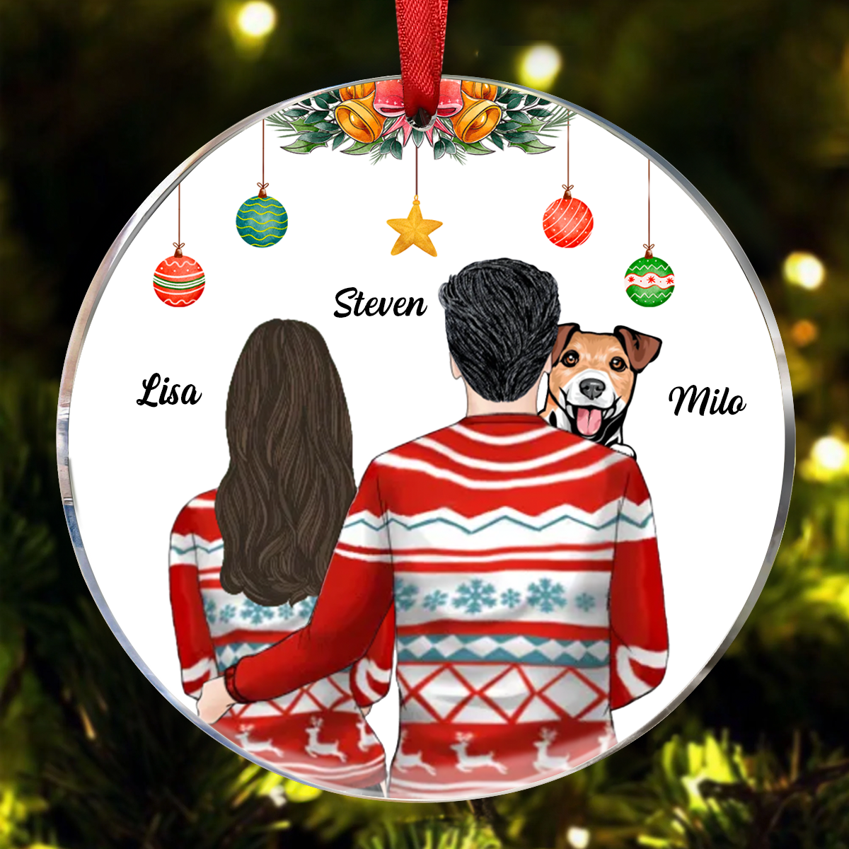 Couple With Peeking Dog Christmas Personalized Circle Ornament