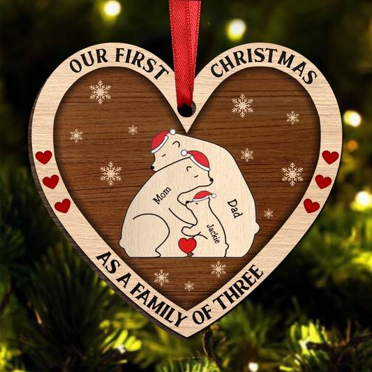 First Christmas As A Family Of Three Bears - Personalized Custom Shaped Wooden Ornament