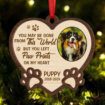 Custom Photo Memorial You Left Paw Prints On My Heart Forever - Personalized Wooden Ornament