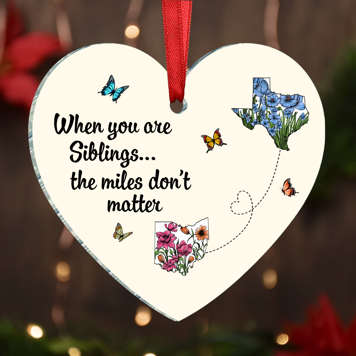 Miles Apart Long Distance Friendship Family Watercolor Wildflower State Map Personalized Heart Ornament, Togetherness Keepsake