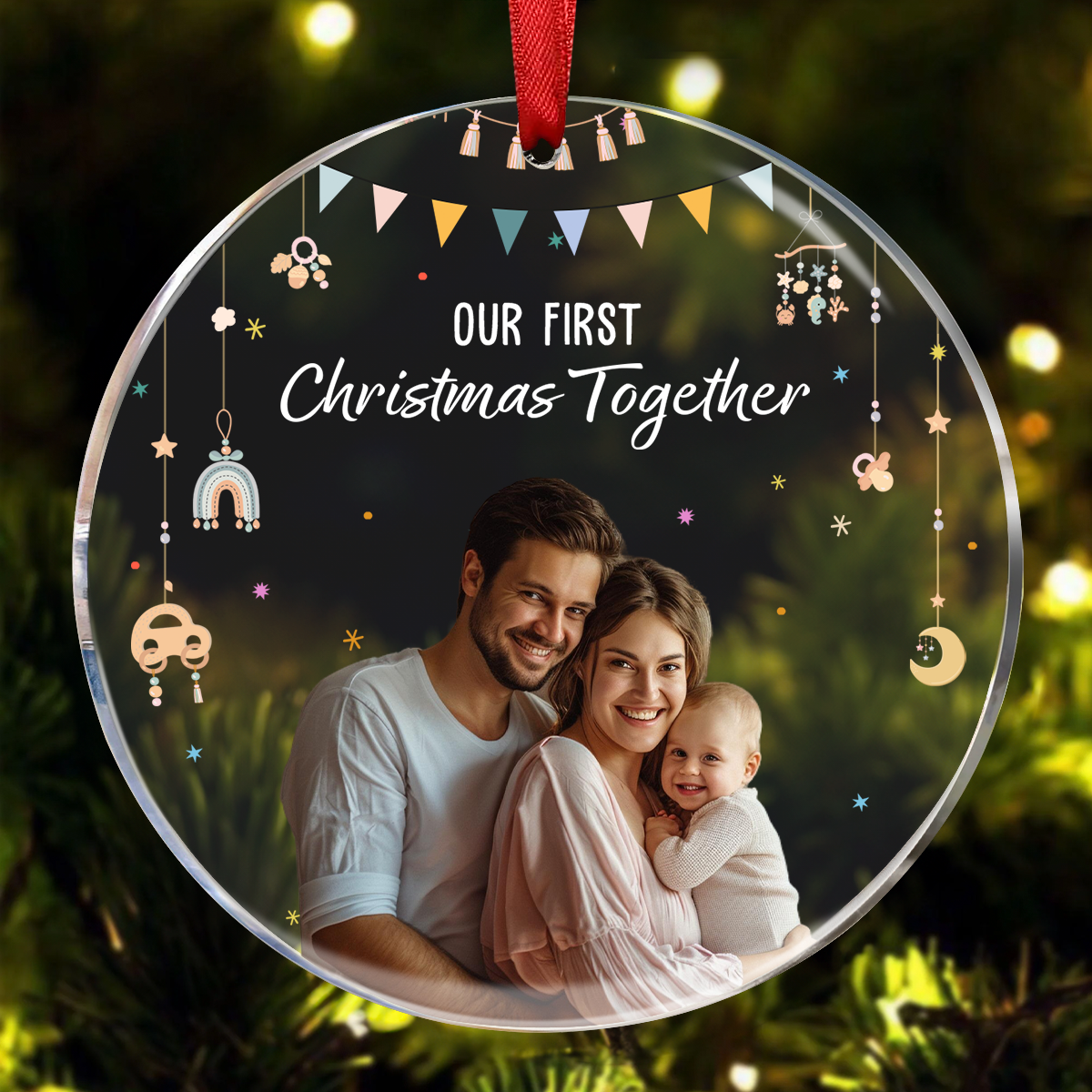 Baby First Christmas As A Family Of Three - Personalized Photo Acrylic Ornament