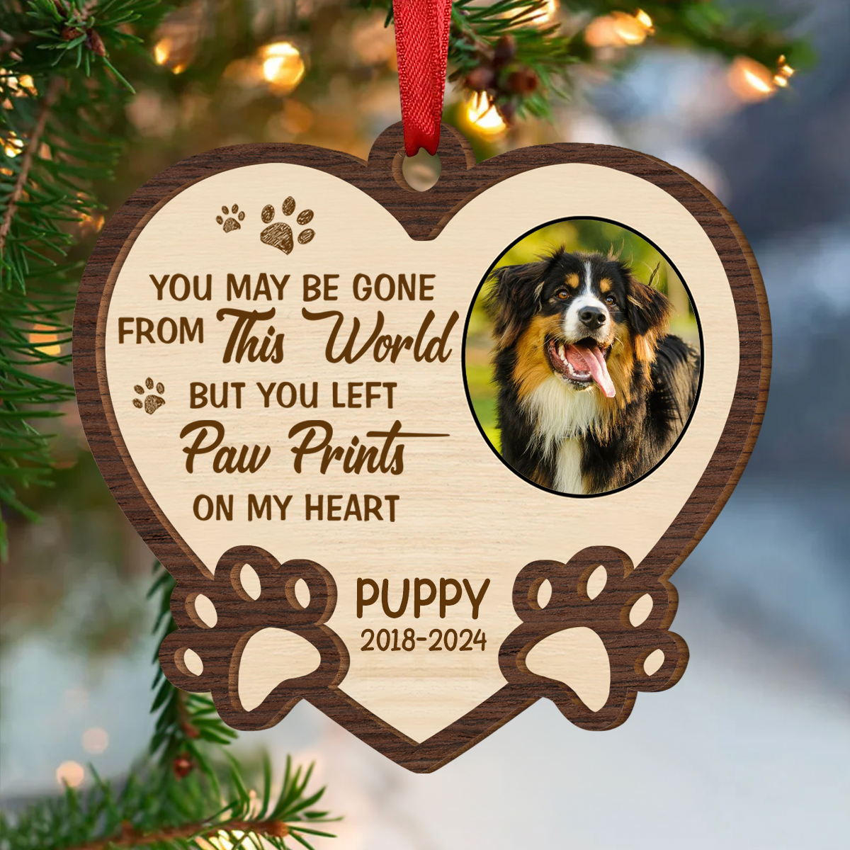 Custom Photo Memorial You Left Paw Prints On My Heart Forever - Personalized Wooden Ornament