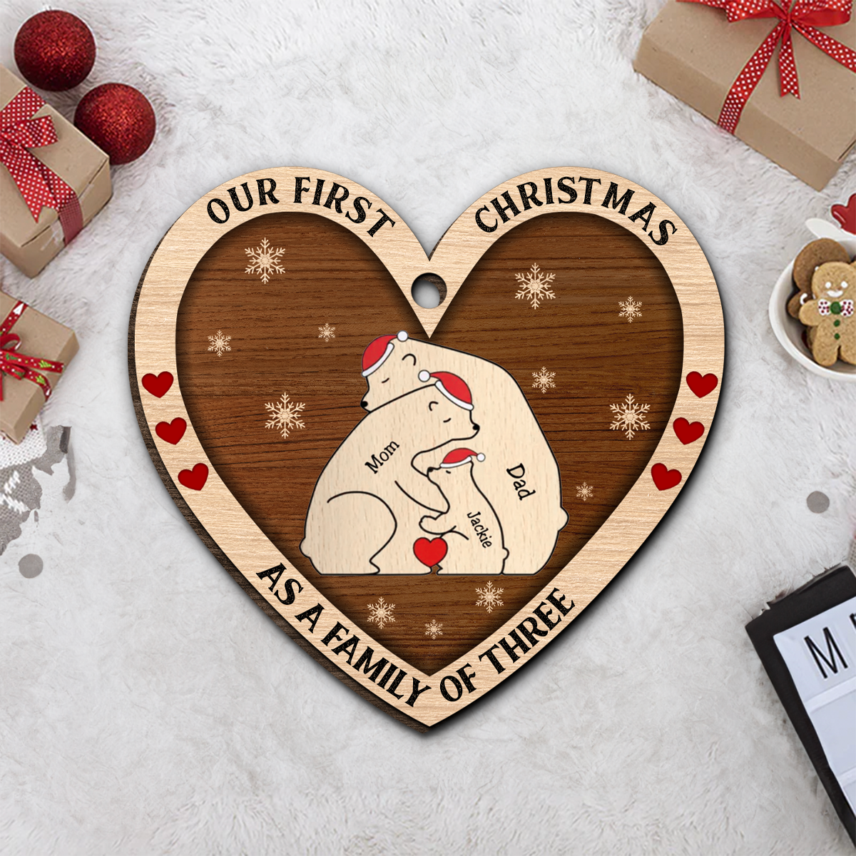 First Christmas As A Family Of Three Bears - Personalized Custom Shaped Wooden Ornament