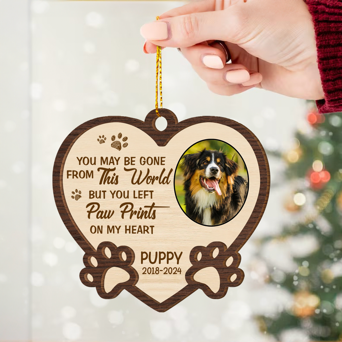 Custom Photo Memorial You Left Paw Prints On My Heart Forever - Personalized Wooden Ornament