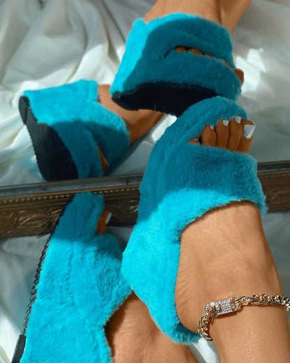 Round Toe Fluffy Wedge Slippers - Makezbright Gifts