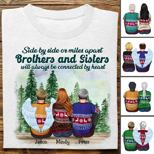 Sides by Sides or Miles Apart Brothers & Sisters Will Always Be Connected by Heart Personalized Unisex T - shirt (Lake) - Makezbright Gifts