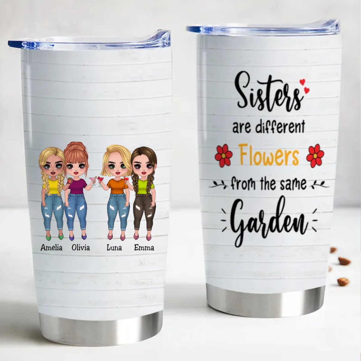 Sisterly Blooms Insulated Tumbler - Personalized 20oz Stainless Steel Cup - Makezbright Gifts