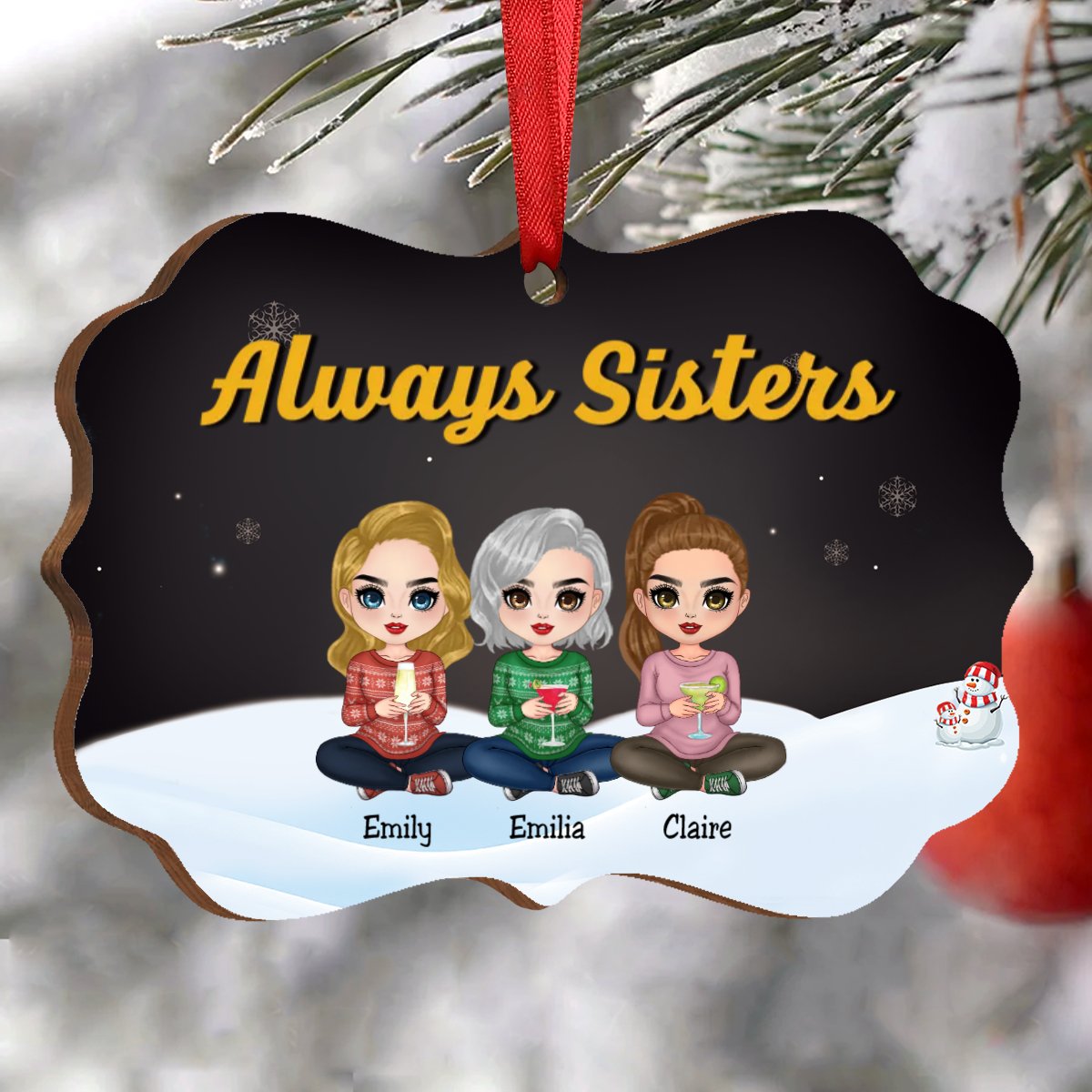 Sisters - Always Sisters Dolls Sitting - Personalized Christmas Acrylic Ornament - Makezbright Gifts