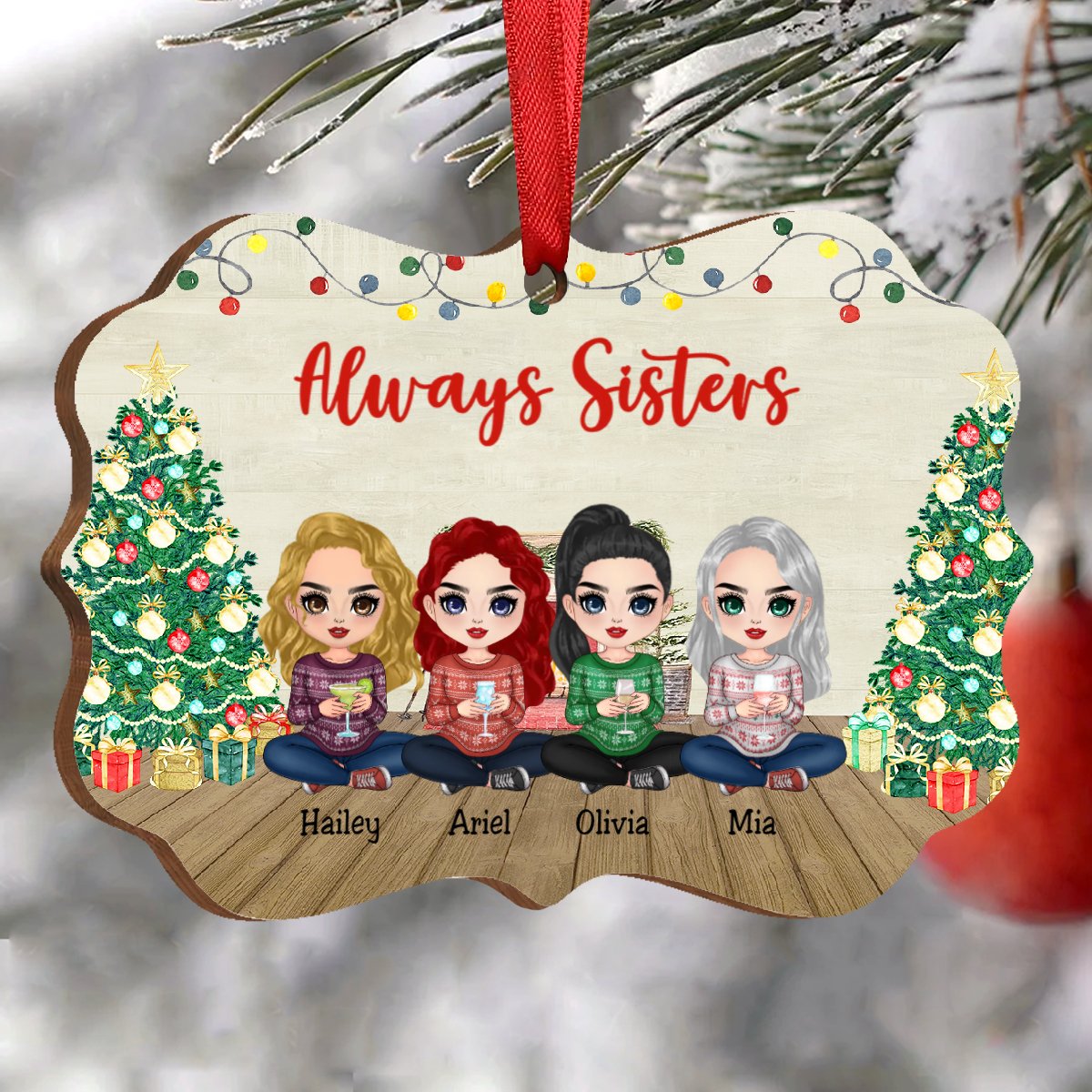 Sisters - Always Sisters Dolls Sitting - Personalized Christmas Acrylic Ornament - Makezbright Gifts