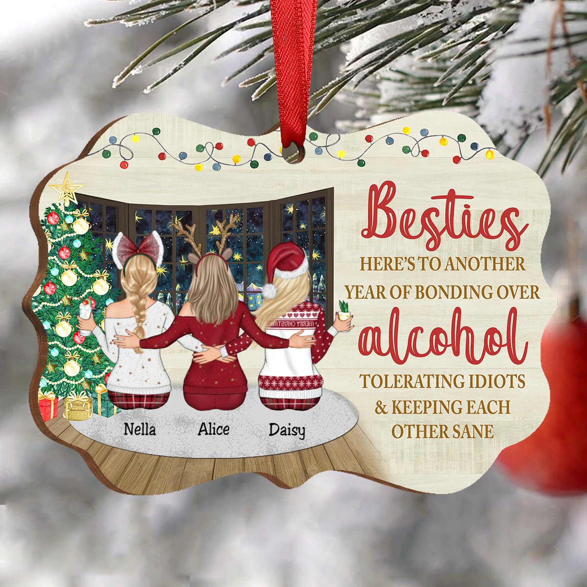 Sisters - Here's To Another Year Of Bonding Over Alcohol Tolerating Idiots - Personalized Christmas Ornament - Makezbright Gifts