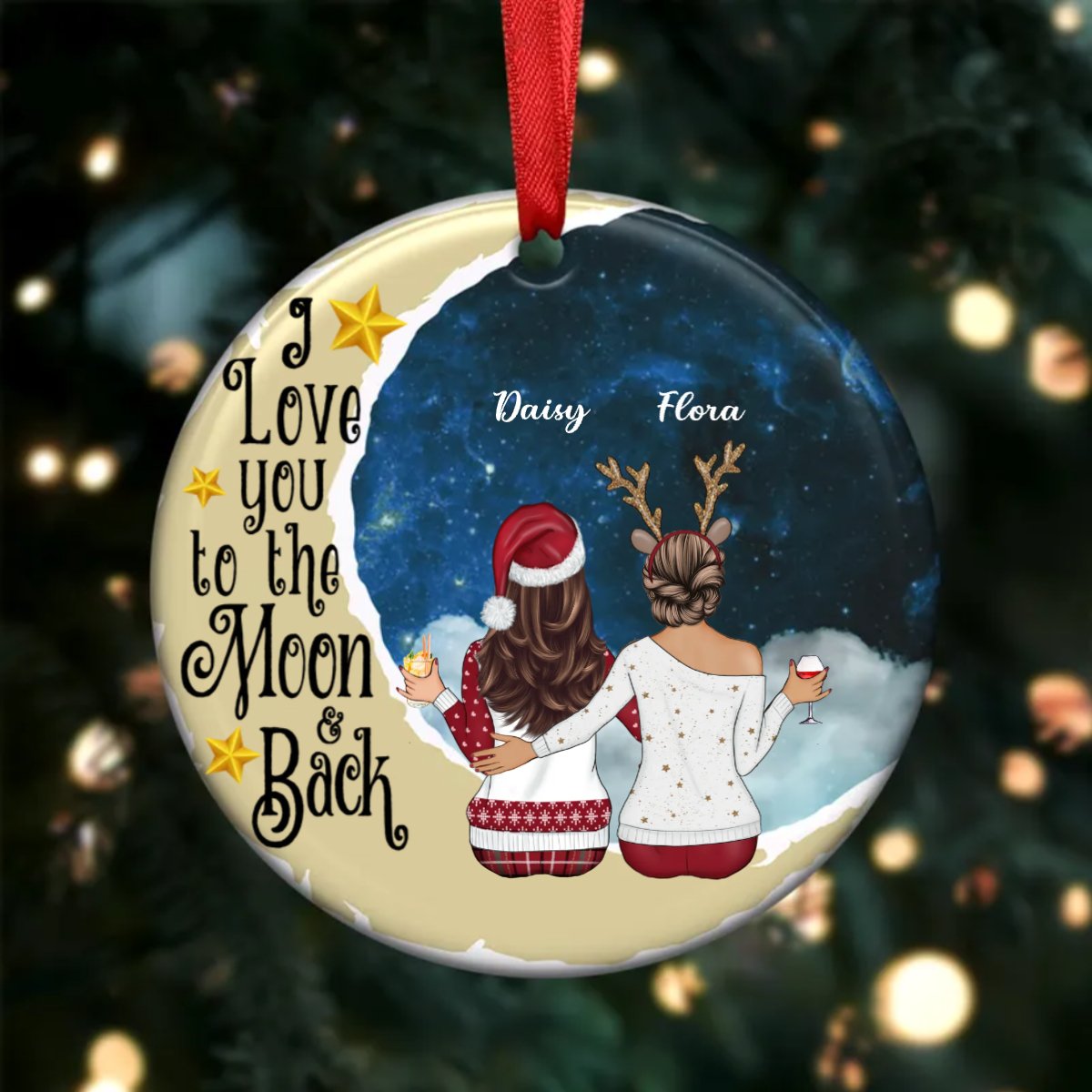 Sisters - I Love You To The Moon And Back - Personalized Circle Ornament (LH) - Makezbright Gifts