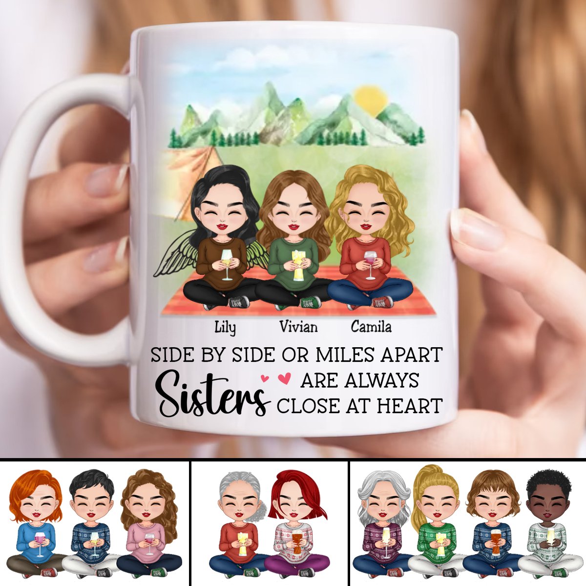 Sisters - Side By Side Or Miles Apart Sisters Are Always Close At Heart - Personalized Mug - Makezbright Gifts