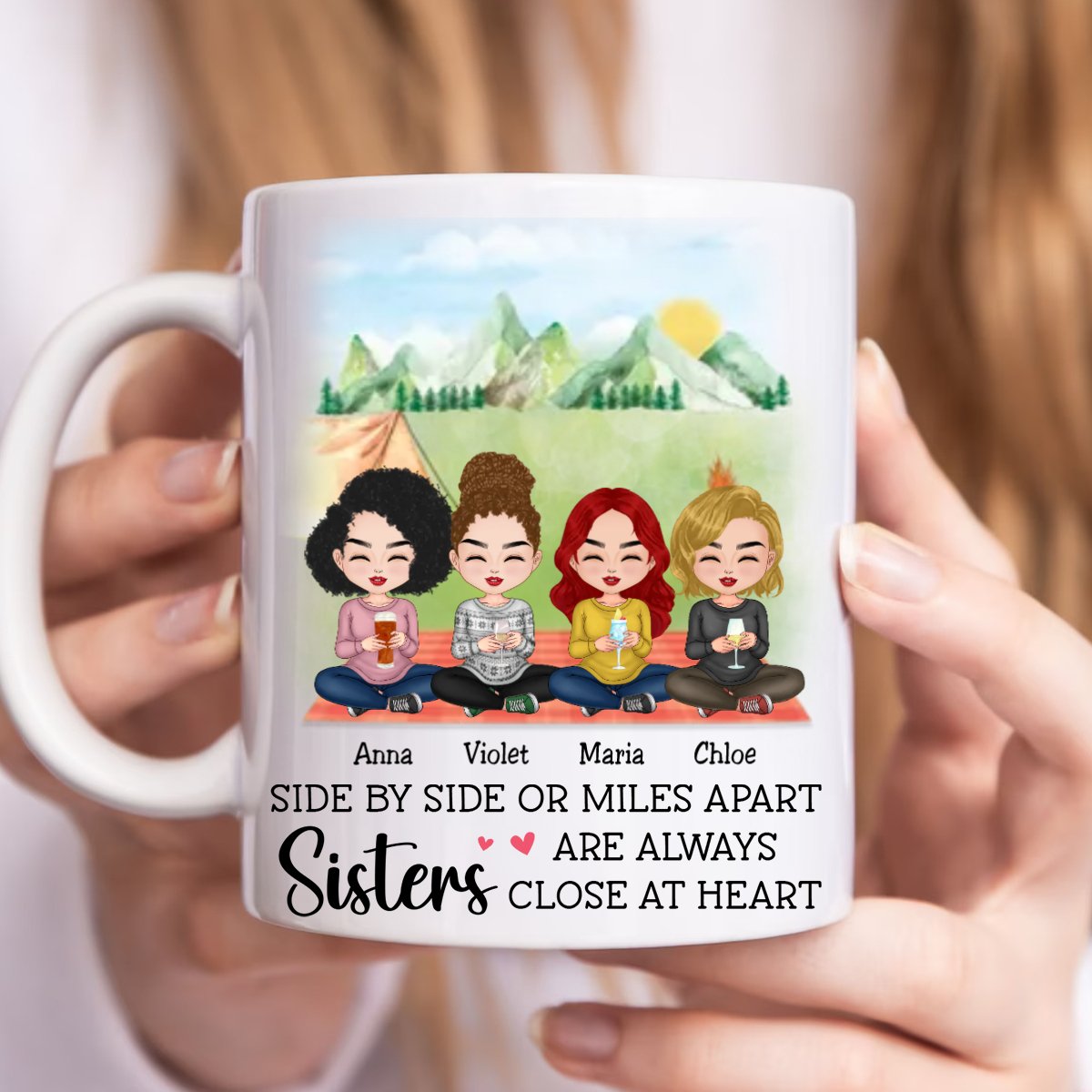 Sisters - Side By Side Or Miles Apart Sisters Are Always Close At Heart - Personalized Mug - Makezbright Gifts