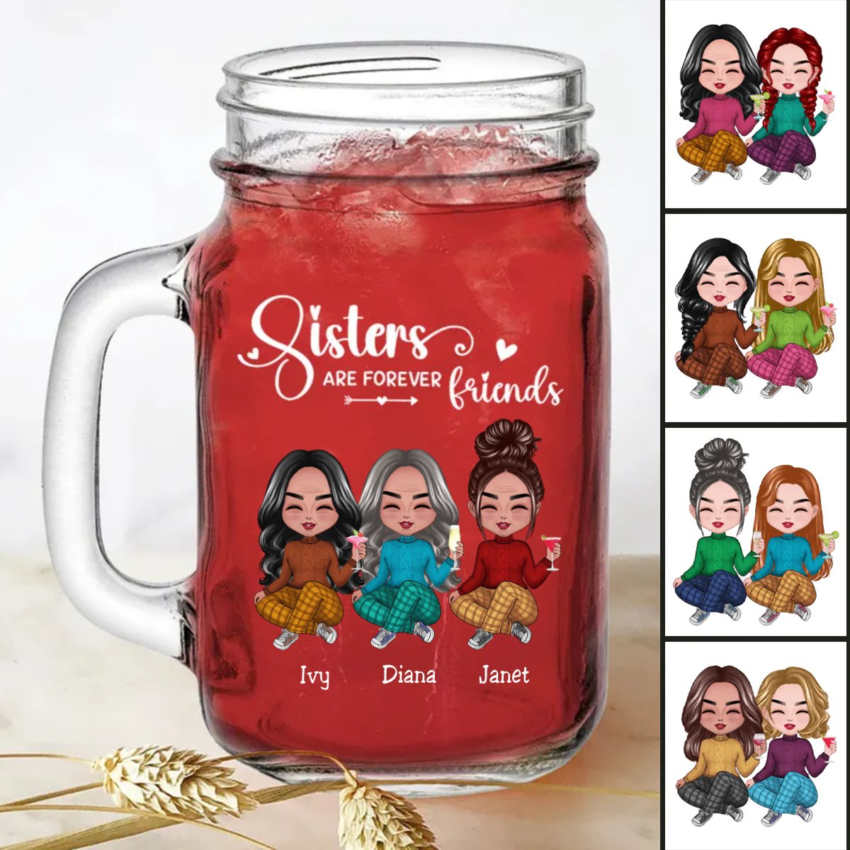 Sisters - Sisters Are Forever Friends - Personalize Drinking Jar (White) - Makezbright Gifts