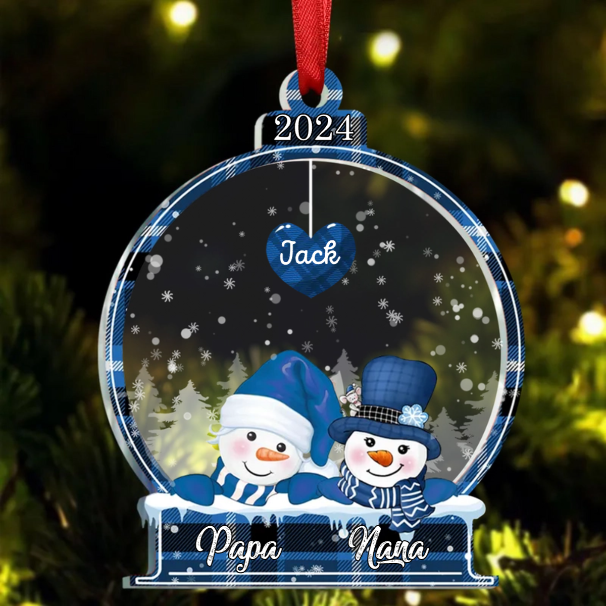 Family -  Sparkling Christmas Snowman Papa Nana Dad Mom Heart Kids In Snowball - Personalized Acrylic Ornament