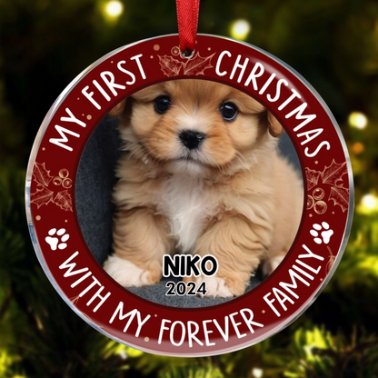 Custom Photo First Christmas Pet Lovers - Personalized Circle Acrylic Ornament