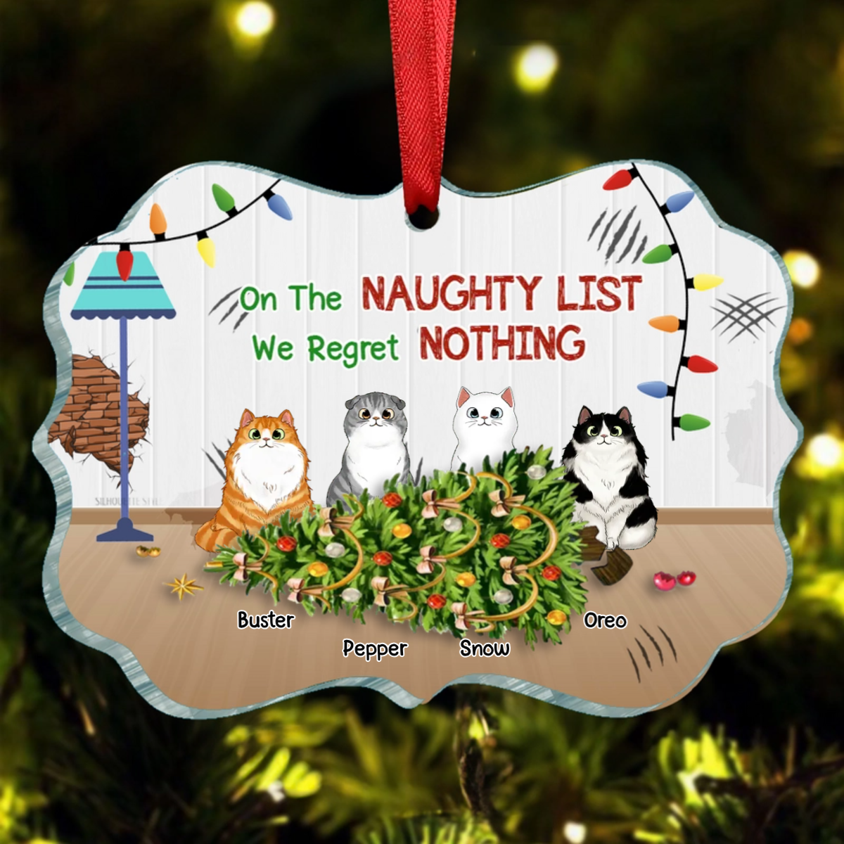 Naughty Cats Regret Nothing Personalized Christmas Ornament