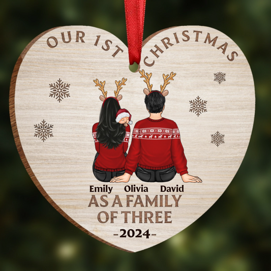 First Christmas As A Family Of Three New Parents - Personalized Custom Shaped Wooden Ornament